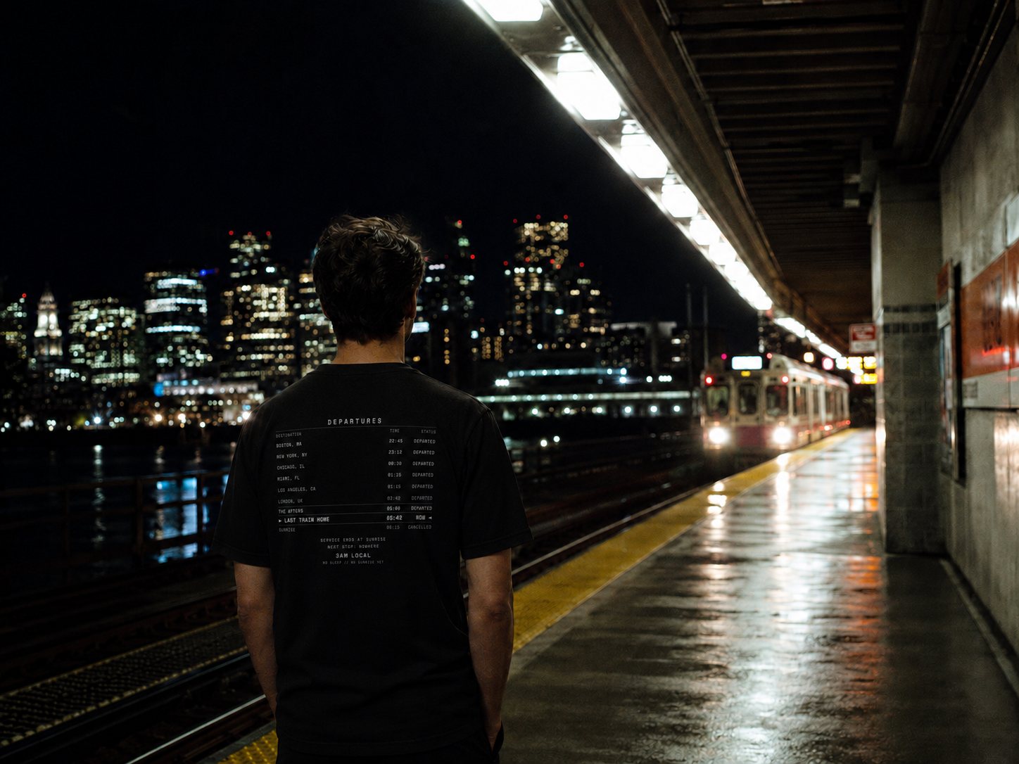 Last Train Home tee worn on a Boston train platform at night