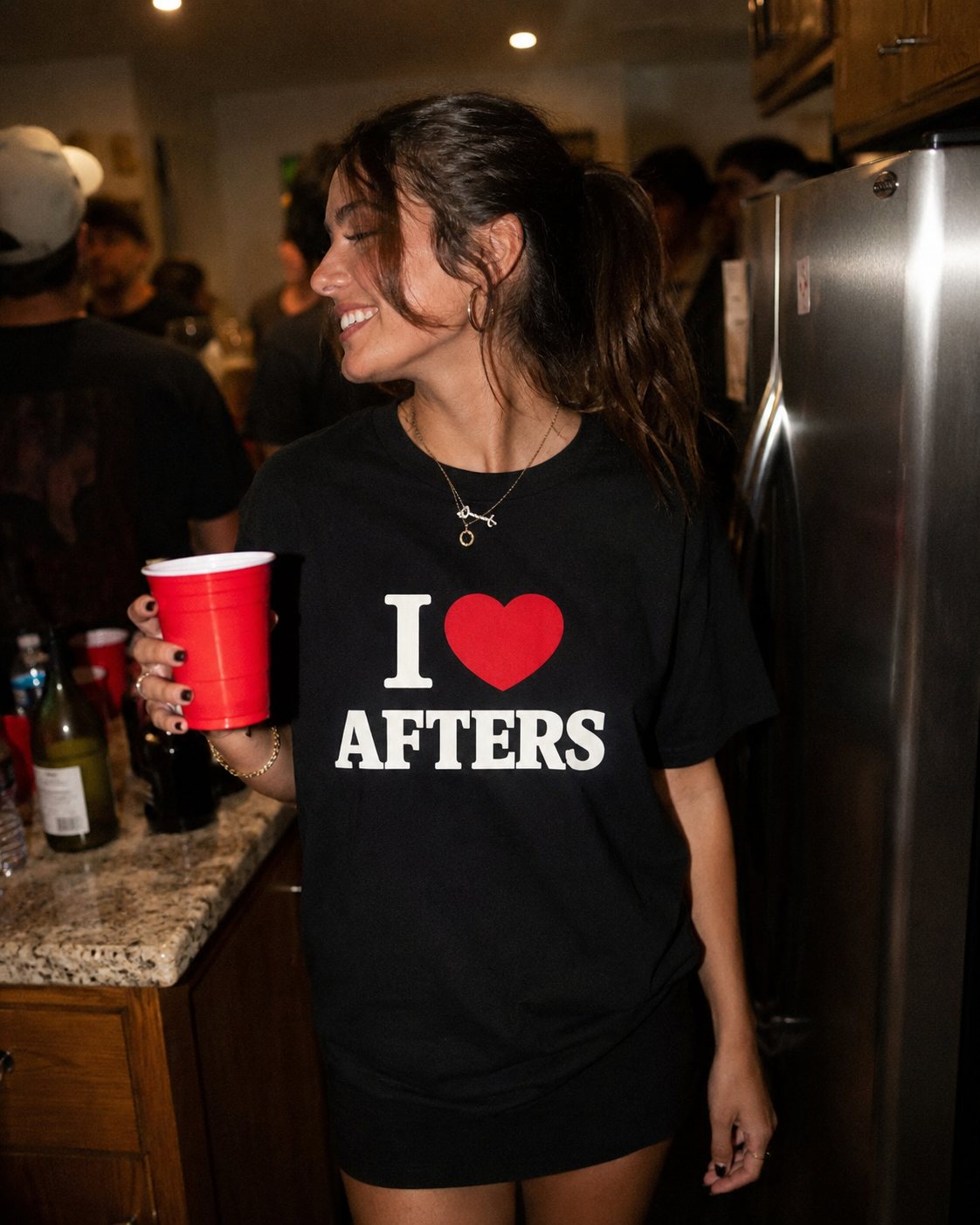 True Love I heart Afters tee worn with a red cup at a house party