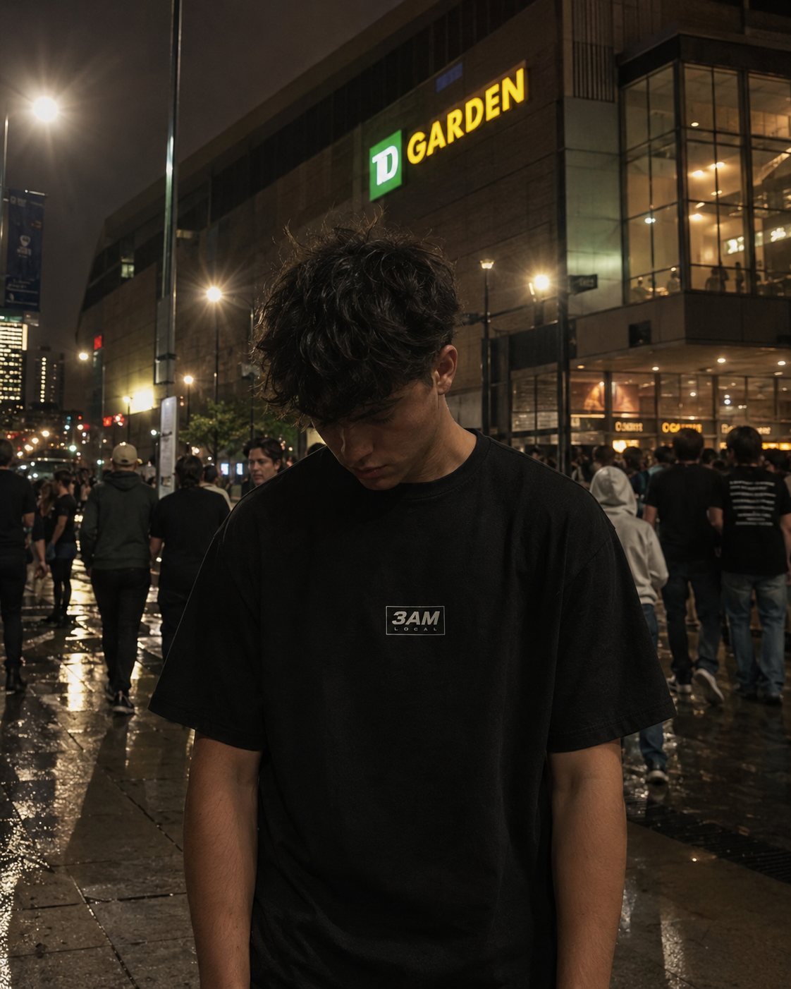 3AM Uniform tee worn on a wet Boston street at night