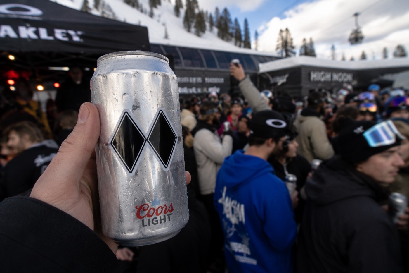 Double Black Diamond sticker on a cold can at a slope-side après party