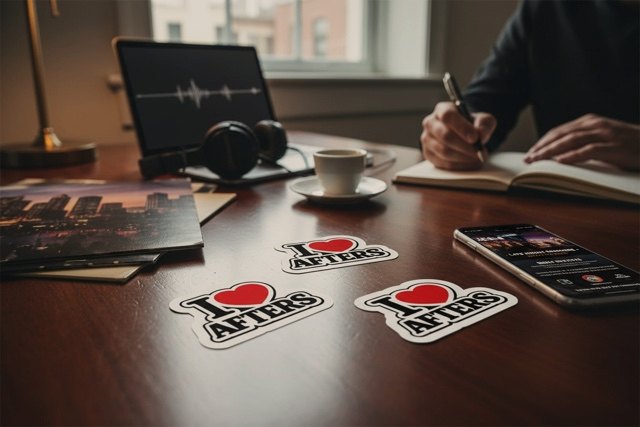 I ❤️ Afters kiss-cut stickers on a studio desk with headphones and a laptop