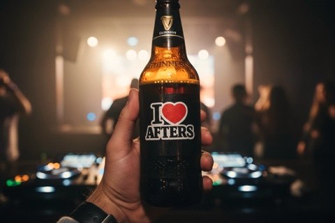 I ❤️ Afters sticker on a bottle at the DJ booth