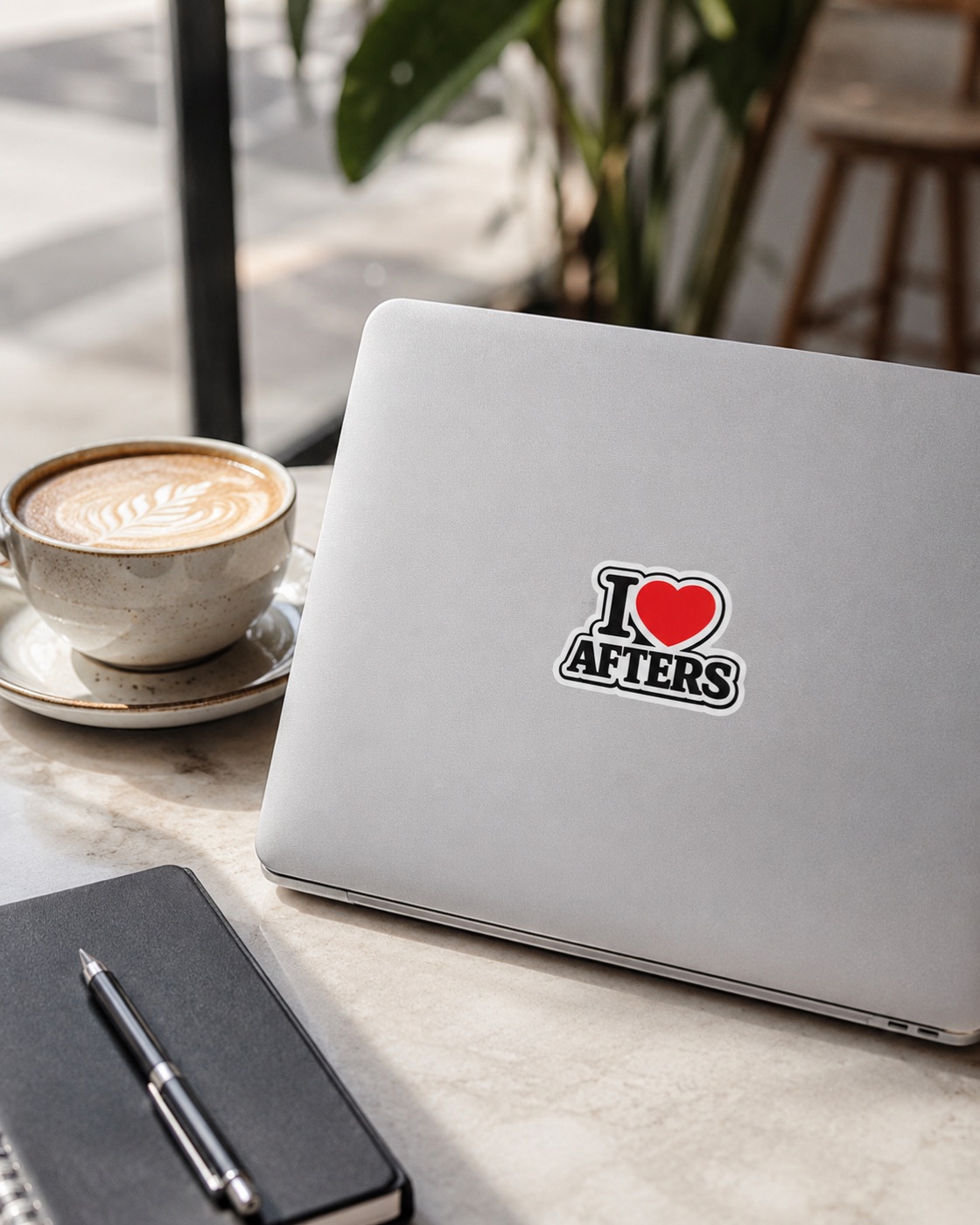 I heart Afters sticker on a laptop lid in a daytime cafe beside a latte