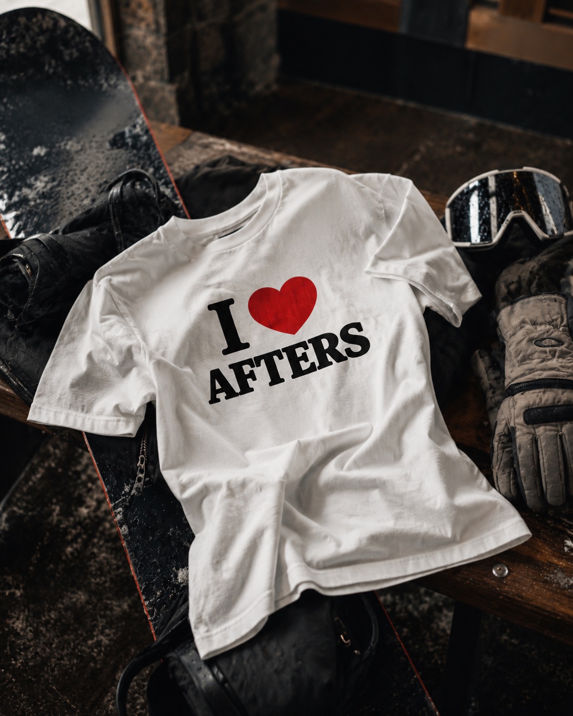 White I heart Afters tee laid with a snowboard, ski goggles and gloves